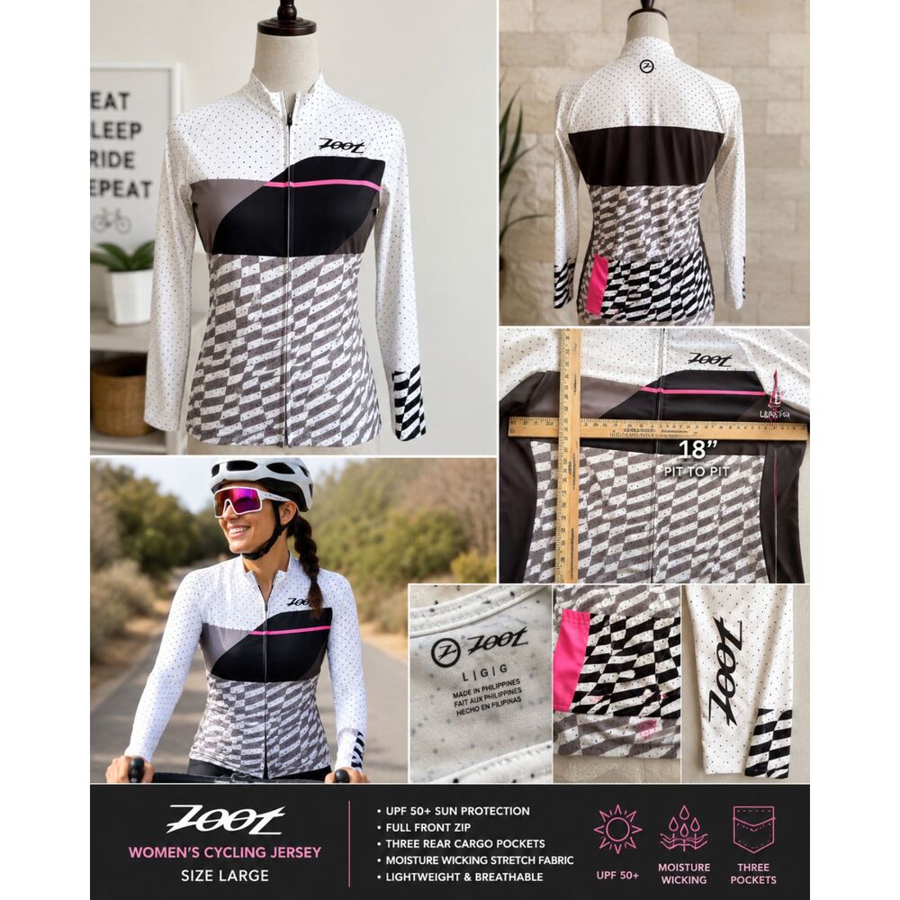 Zoot Women's Large Cycling Jersey Long Sleeve Full Zip UPF 50 Bike Gray Pink